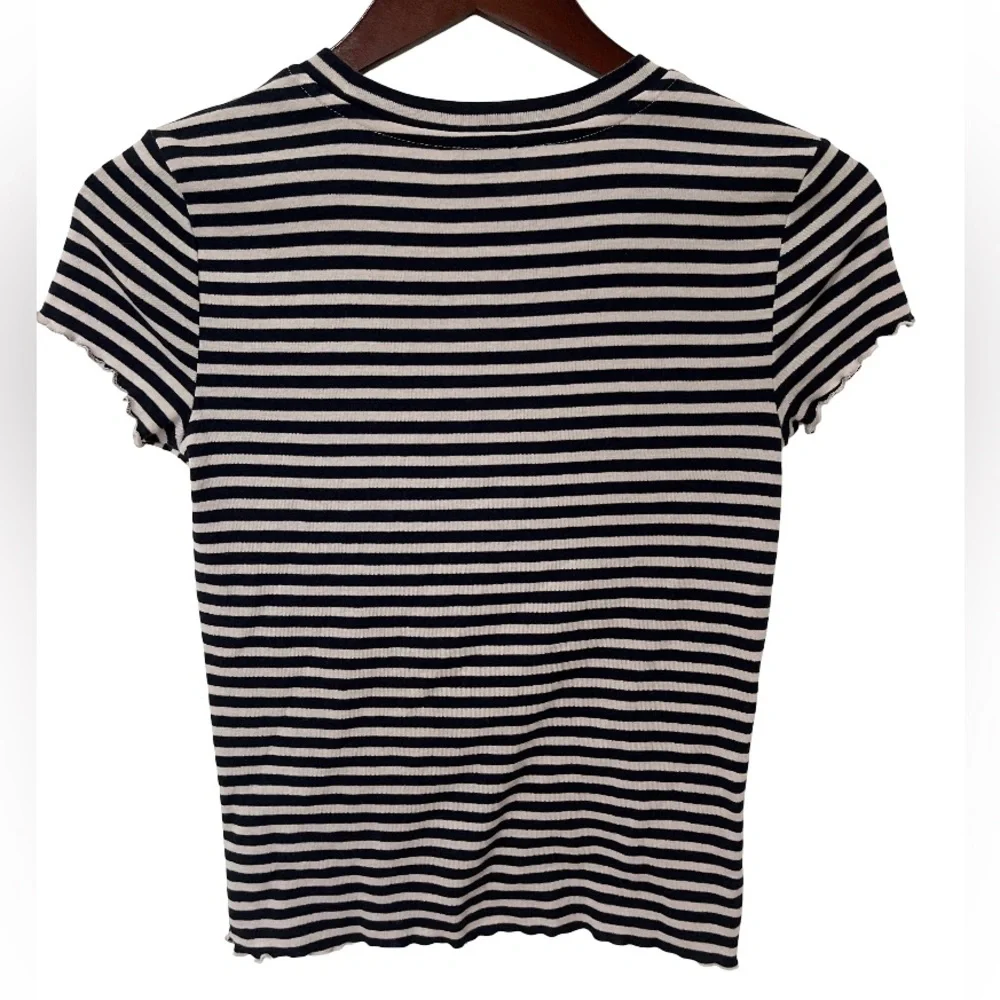 Splendid Women’s Small Navy White Striped Ruffle Hem Short Sleeve Tee - Picture 2 of 6